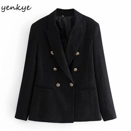 Fashion Women Vintage Black Velvet Blazer Work Wear Elegant Office Jacket Lady Suit Slim Double Breasted Business 210514