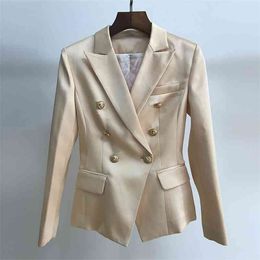 HIGH STREET Stylish Designer Blazer Jacket Women's Classic Slim Fitting Metal Lion Button Satin 210521