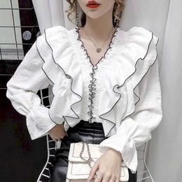 spring summer chiffon shirt Korean ruffled V-neck long-sleeved western elegant horn-sleeved slimming women 210526