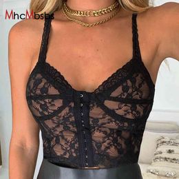 Sexy Spaghetti Strap Bustier Top Women White Mesh Lace Patchwork Camis Summer Vintage Off Shoulder Backless Crop 210517