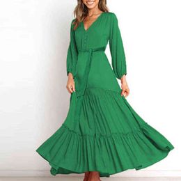Spring Lace-up Belted Maxi Boho Dresses Women Elegant Long Sleeve Pleated Long Dress Sexy Deep V Neck Button Summer Beach Dress Y1204