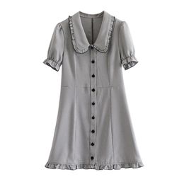 Black White Houndstooth Ruffle Turn-dwon Collar Single-breasted Short Sleeve Mini Dress Spring Elegant D1013 210514