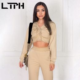 all-match Casual women tracksuit 2 piece set drawstring hooded Sports Sweatshirts Slim Jogging Pants Outfits Spring 210427