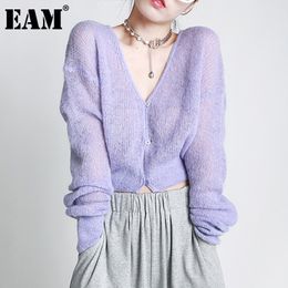 [EAM] Knitting Cardigan Purple Green Short Sweater Loose Fit V-Neck Long Sleeve Women Fashion Spring Autumn 1DD6304 21512