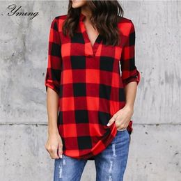 YMING Boho Women Blouse Plaid Shirts Long Sleeve Ladies Tops Turn Down Collar White Blusas Fashion Tunic Shirts Woman Clothes 220311