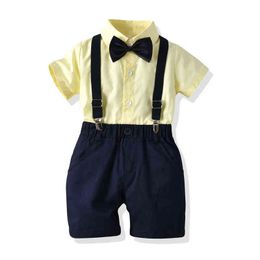 Top and Top Brand Boys Clothes Set Casual Bow Tie Short Sleeve Shirts+Suspender Pants Kids 2Pcs Suit Wedding Party Clothing G220310