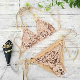 Sexy Bikinis Sequins Golden Color Women Bandage Bikini Set Push-up Padded Bra Swimsuit Suit Swimwear 2570 210629