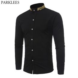 Stand Collar Men Shirt Brand Gold Embroidery Men Shirt Long Sleeve Slim Fit Cotton Male Shirts Casual Mens Dress Shirts 210708