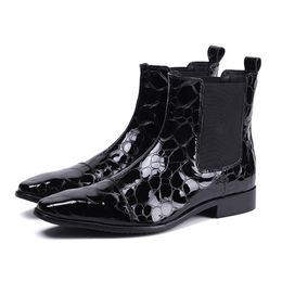 High Quality Genuine Leather Crocodile High Top Men Chelsea Ankle Boots Nightclub Party Career Work Botas Flat Dress Footwear