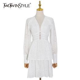 White Patchwork Beading Dress For Women V Neck Long Sleeve High Waist Hollow Out Dresses Female Fashion Style 210520