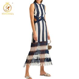 High Quality est Fashion Knitted Tank Dress White Blue Patchwork Striped Beach Dresses Women Summer Maxi Long 210520
