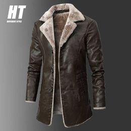 Men Brand Thick Fleece Leather Jacket Mid-length Winter Fashion Vintage PU Coats High Quality Casual Faux 210909