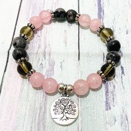 MG0342 Women`s Tree of Life Charm Bracelet Natural Rose Quartz Smoky Quartz Bracelet Gray Larvikite Energy Yoga Mala Bracelet