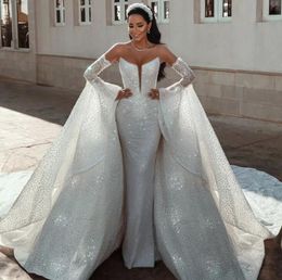 Designer Långärmad sjöjungfru bröllopsklänningar med avtagbara tågpärlor Kristaller Lace Sequined Bridal Gowns Robe de Mariée Pro232