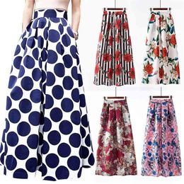 S-3xl Autumn Print Flora Maxi Skirt Women Spring Long Pleated s For Plus Size Fashion High Waist 210621