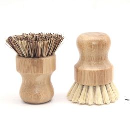 Round Wood Brush Handle Pot Dish Household Sisal Palm Bamboo Kitchen Chores Rub Cleaning Brushes RRE11970