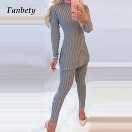 Women Turtleneck Rib Knitted Two Piece Set Sexy Lady Slim Split Pullover Top And Skinny Pants Suits 2021 Spring Long Sleeve Sets X0428