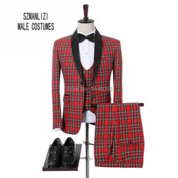 2018 Fashon Italian Design Red Plaid Morning Dinner Suit Men Slim Fit Groom Wedding Dress Men Wedding Suits 3 Piece Mens Tuxedo X0909