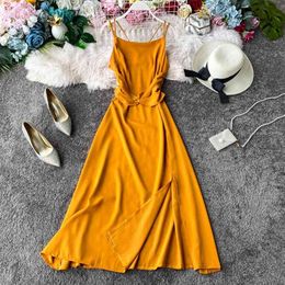 Women Beach Holiday Fashion Summer Sleeveless Cross Thin Solid Color Dress Lady Elegant Vestidos L549 210527