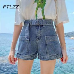 Summer Vintage Blue Denim Shorts Women Plus Size High Waist Loose Wide Leg Pants Woman Korean Casual Button Fly with Blet Jeans 210525