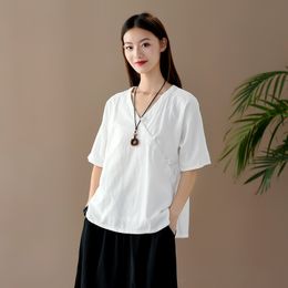 Johnature Summer Cotton Linen Retro Plate Buckle V-neck Short Sleeve Pullover T-shirt Simple Comfortable Women Tops 210521