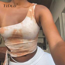 YiDuo Fashion One Shoulder Dstring Tank Tops Women Hollow Out Tie Dye Print Summer Crop Top Streetwear Sexy Cropped Feminino X0507