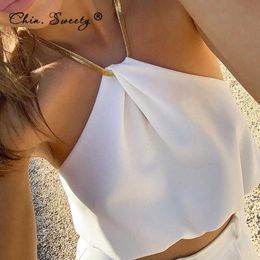 Satin Metal Chain Halter Women's Tube Top Black Sleeveless 2021 Summer Backless Tanks Ladies Off Shoulder White Party Crop Tops Y0824
