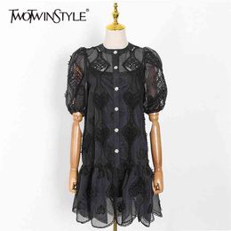 Elegant Hollow Out Dress For Women O Neck Lantern Sleeve Casual Mini Dresses Female Fashion Clothing Summer 210520