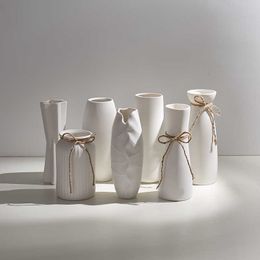 Modern Minimalist White Hemp Rope Ceramic Vase Dried Flower Arrangement Crafts Living Room Interior Decoration Ornaments 210623