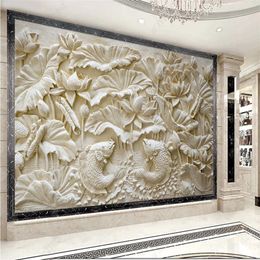 Customised wallpaper for walls 3D three-dimensional stone carving lotus carp relief TV background wall
