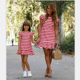 Family Matching outfits Clothes Striped Mother Daughter Dresses Short Sleeve Girl Big Sister mummy Kids same style Clothing