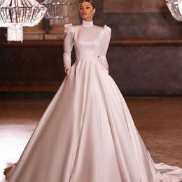 Retro A-Linie Brautkleider mit langen Ärmeln, Knöpfen am Rücken, Brautkleider, hochwertiges, elegantes Satin, Vestido de Novia