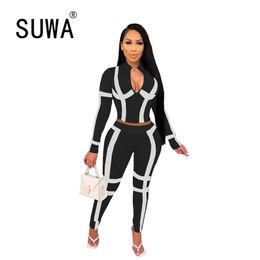 Contrast Striped Printed Sexy Fitness Wear Track Suit Women Two Piece Pants Sets Long Sleeve Top Jogger Leggings Wholesale 210525