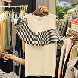 Summer sale Women's Casual sexy Shoulder Design Striped Ruffles Pullover Cotton T-shirt Tops Female Tee Shirts 210428