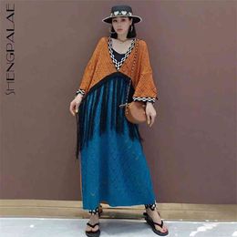 SHENGPLLAE Personality Patchwork Knitted Dress Women''s Spring V-neck Large Size Tassel Long Sleeve Mid-calf Dresses 210427