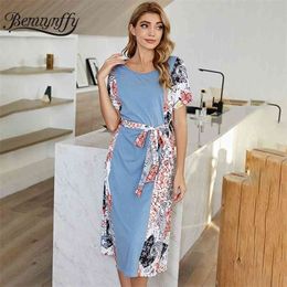 Round Neck Color Block Print Loose Dresses Summer Women Short Sleeved Knee Length Casual Dress Ladies with Belt 210510