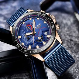 LIGE Blue Casual Mesh Belt Clock Fashion Quartz Mens Watches Top Brand Luxury Waterproof Watch For Men Relogio Masculino+Box 210527