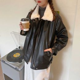 Korean High Street Long Sleeve Fur Coat Women Black Loose Plush Leather Moto Jacket Winter Outerwear Female Warm PU 210604