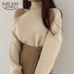 Sexy One-shoulder Women Knitted Pullover Autumn Winter Turtleneck Sweater Female Knitwear Thick Long Sleeve Jumpers Chic 11315 210527