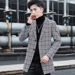 Korean Plaid Mens Wool Trench Coat Jacket Long Casua Slim Woollen Windbreaker Winter Fashion Men Overcoat Chaquetas Hombre 210527