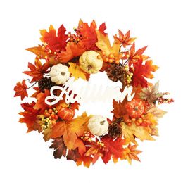 2021 Fall Pumpkin Wreath for Front Door with Pumpkins Artificial Maples Sunflower Autumns Harvest Holiday Decor Y0901