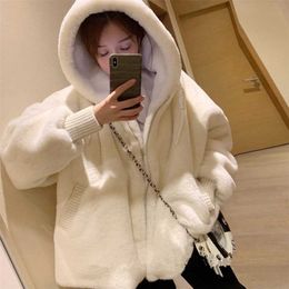 Autumn Winter Loose Hooded Plush Jacket Large Size Imitation Rabbit Fur Coat Youth Student White Zipper Cardigan 211220