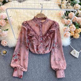 Women Fashion Chiffon Long-sleeved Shirt Spring Sweet Wood Ears Pleated Floral Print Elegant Blouse Tops R072 210527