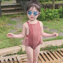 Children piece swimsuit baby girls princess dress one flower backless kids swimwear 210702