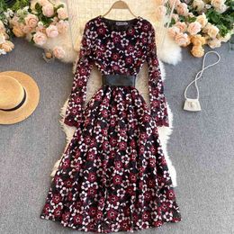 Spring Summer Lace Mesh Embroidery Hook Flower Print A-Line Full Dresses for Women 210615