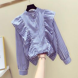 Korean Style Autumn Fashion Womens Ruffles Blue Stripe Shirt Tops Female Long Sleeves Blouses Shirts A2747 210428