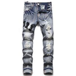 Indigo Blue Ripped Patch Mens Jeans Fashion Slim Fit Washed Motorcycle Denim Pants Panelled Hip Hop Stretch Trousers
