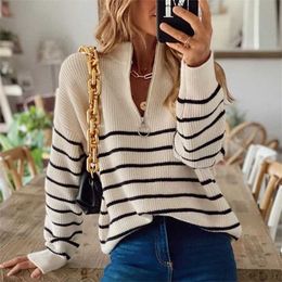 Autumn Winter Women Casual Long Sleeve Striped Patchwork Jumpers Ladies Knitted Sweaters Cashmere Zip V-Neck Tops Pullover Lady 211018
