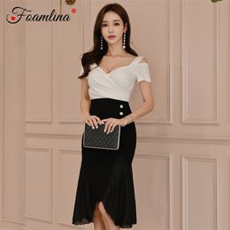 Elegant Women Summer Dress Sexy V Neck Cold Shoulder Short Sleeve Color Block Chiffon Patchwork Casual Work Party Dresses 210603