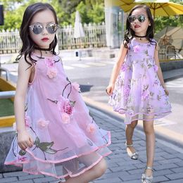 Summer Style Girls Kids 3D Flower Sleeveless Lace Mesh Dress Baby Children Clothes Infant Party Dresses 6 7 8 9 10 12 13 years Q0716